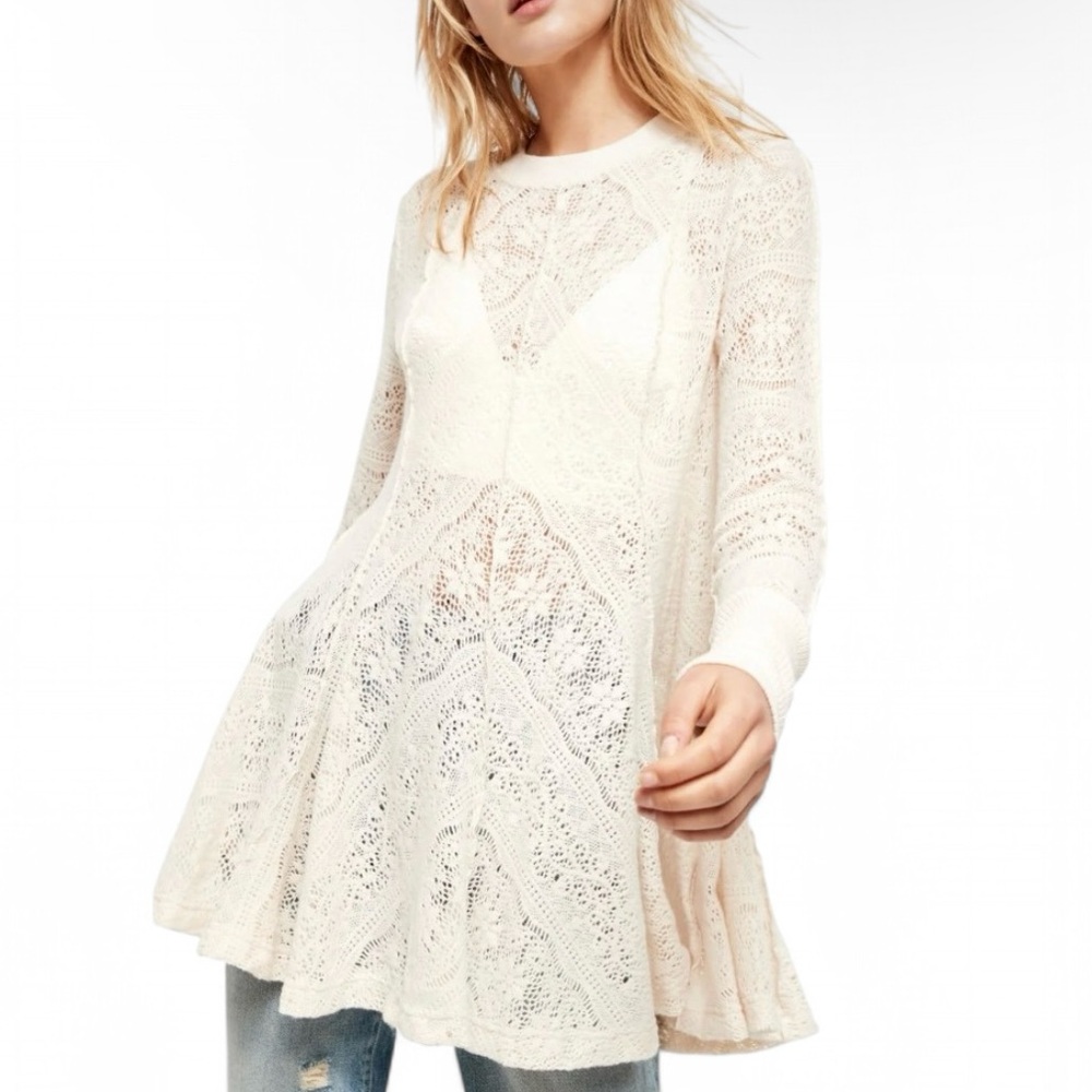 Free People Coffee In The Morning Tunic Crochet Knit Top Chamoix Medium Boho